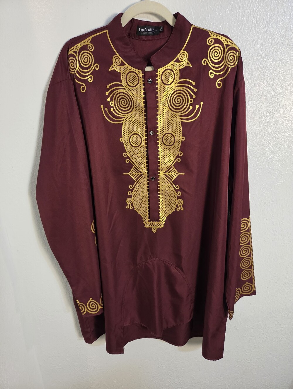 Maroon African Dashiki Tunic with Gold Embroidery, Size XXL